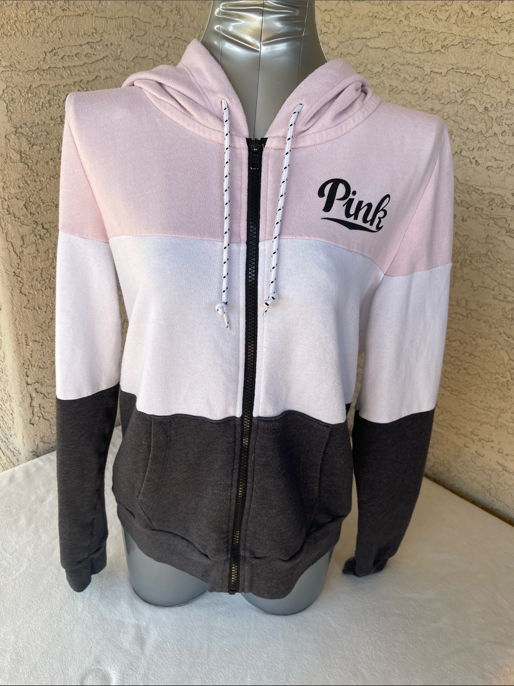 PINK Victoria's Secret Pink White Charcoal Colorblock Zip Hoodie